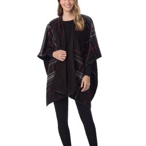 Cuddl Duds Plaid Poncho Wrap in Black with Red Stripes